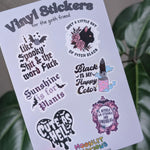 Goth vinyl sticker sheet, spooky alternative aesthetic stickers for laptop, gift for goth friend, black cat, black stickers for water bottle