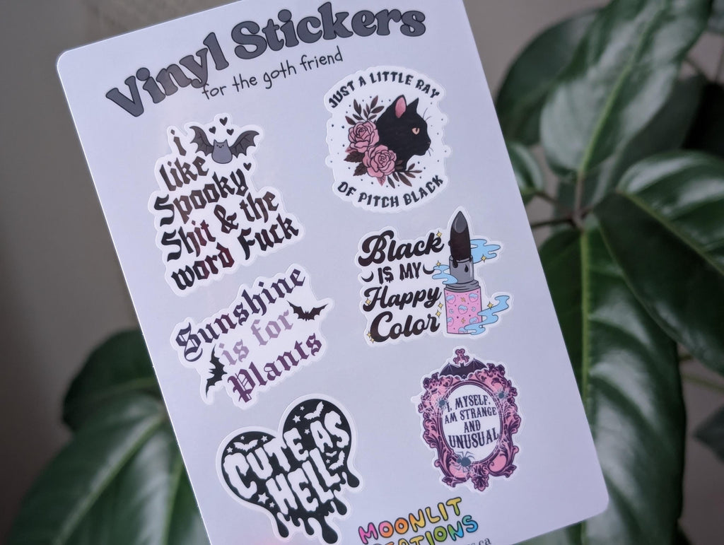 Goth vinyl sticker sheet, spooky alternative aesthetic stickers for laptop, gift for goth friend, black cat, black stickers for water bottle