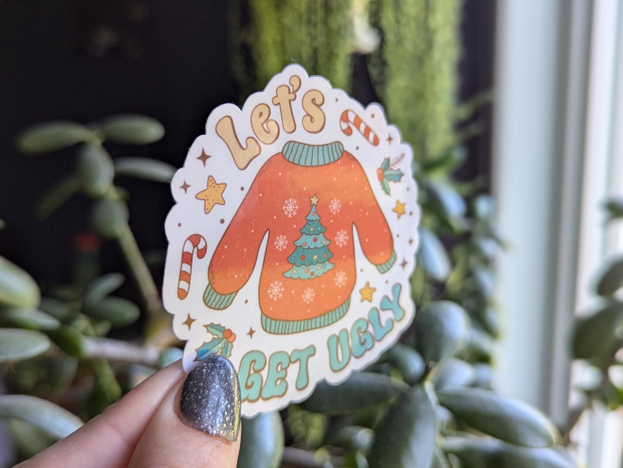 Let's get ugly Christmas sweater sticker, funny Christmas stickers for water bottle, holiday stickers for journal, Christmas party ideas