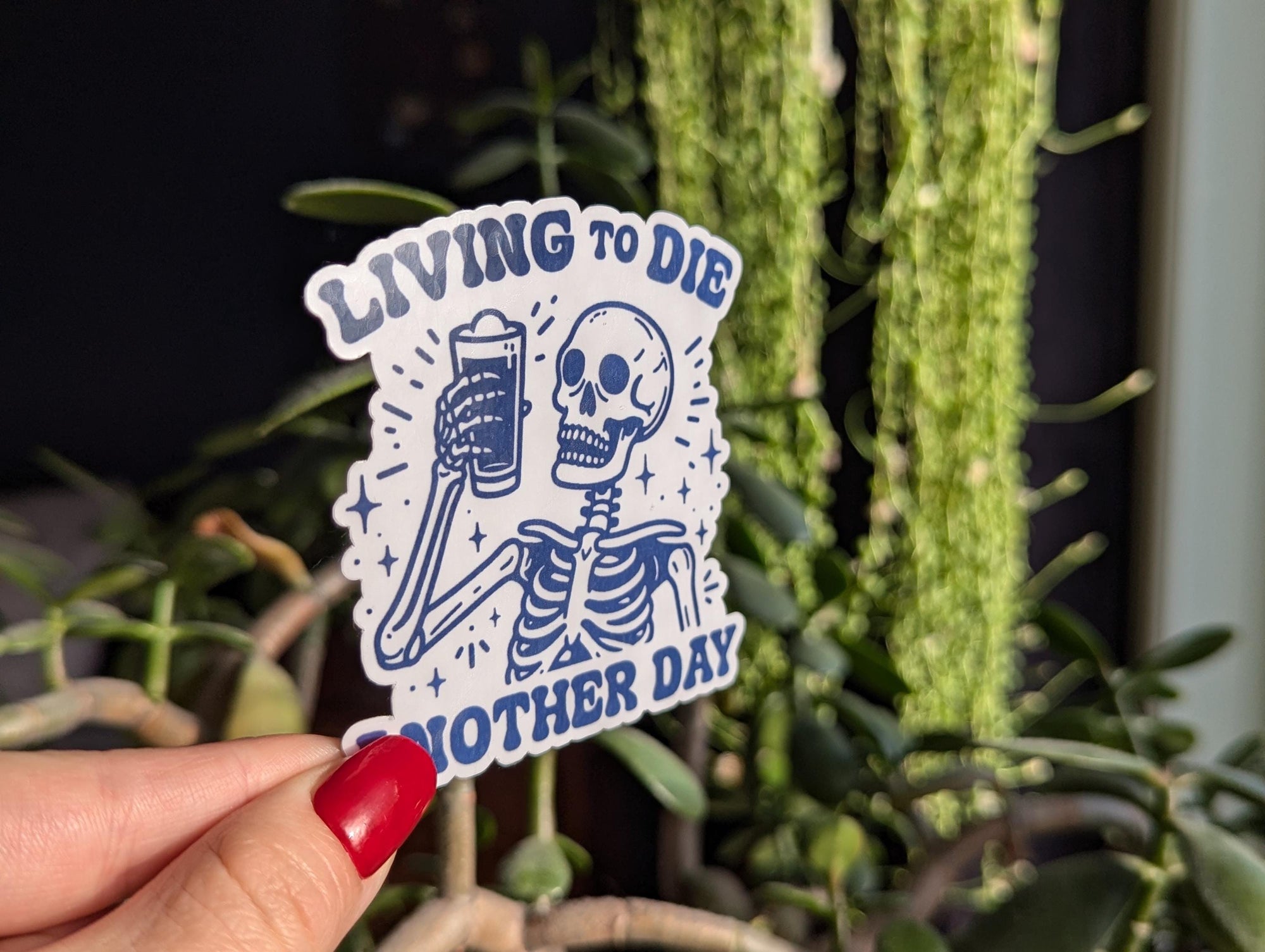 Living to die another day, dark humor skeleton sticker, dark aesthetic stickers for laptop, gothic stickers for phone case, retro stickers