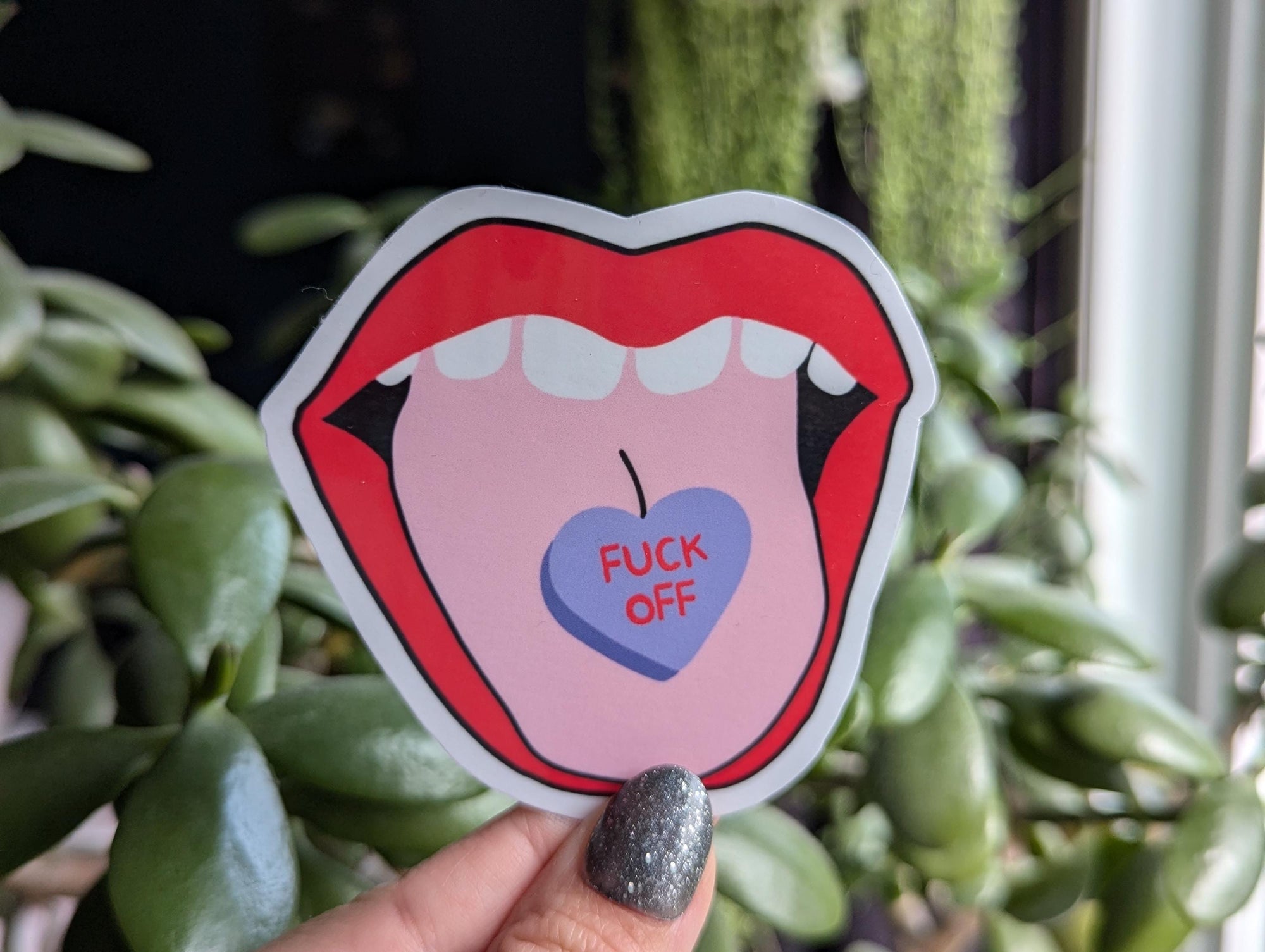 Fuck off conversation heart sticker for laptop, red lips sticker for phone case, snarky sticker, sassy gift for bestie, mouth sticker, funny