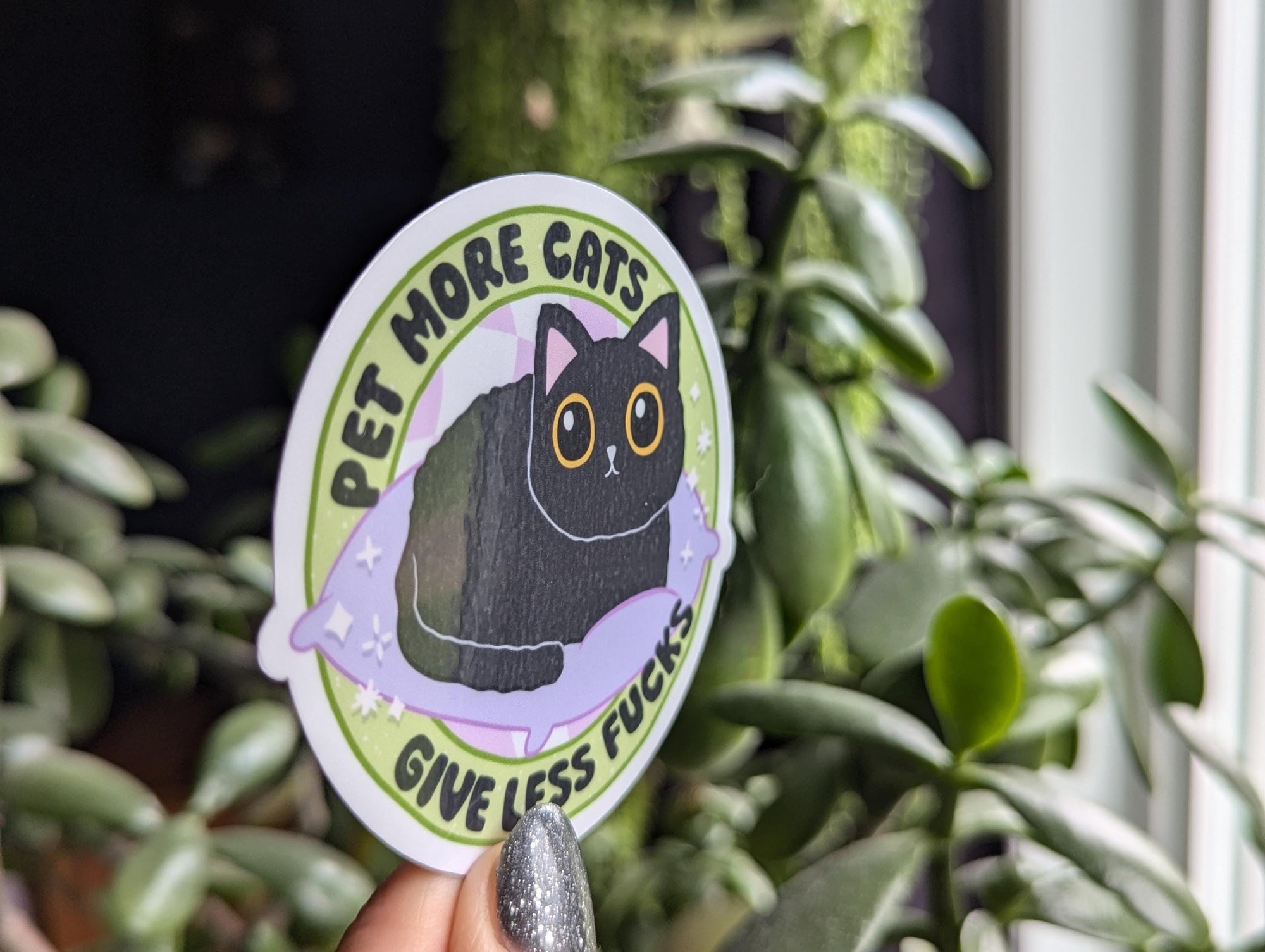 Pet more cats give less fucks, funny cat stickers for water bottle, cat mom gifts, snarky stickers for kindle, black cat sticker, small gift