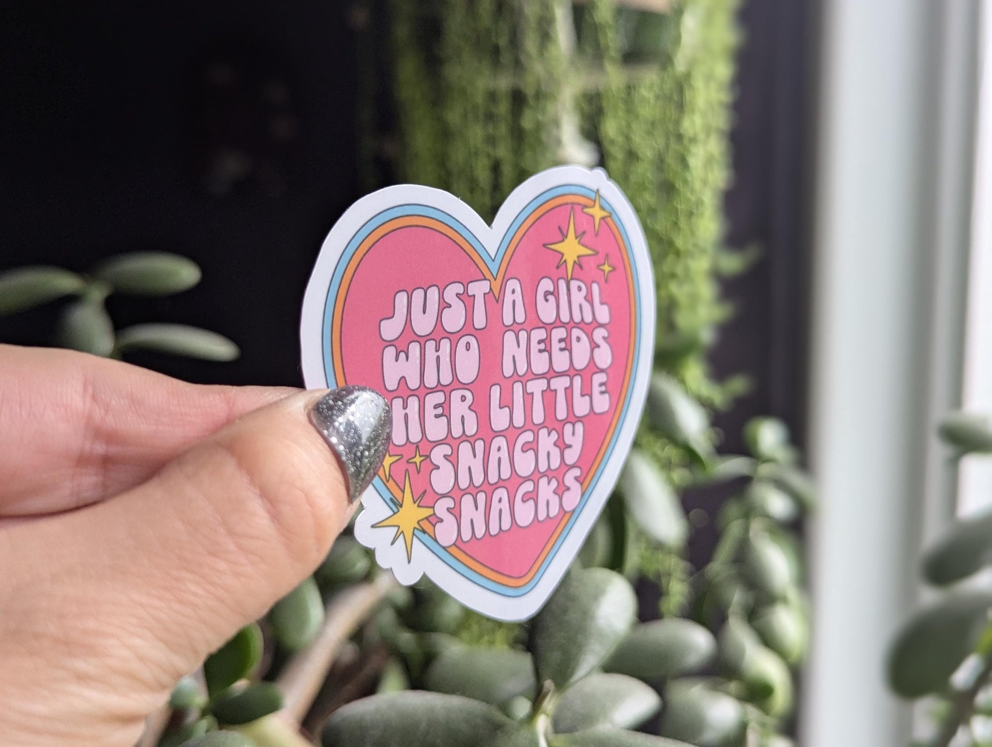 Just a girl who needs her little snacky snacks sticker, foodie gift, funny gift for friend, heart sticker aesthetic, cute sticker for girls