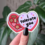 I tolerate you sticker, funny Valentines Day sticker, heart chocolate box sticker, cute vinyl sticker for laptops and gifts