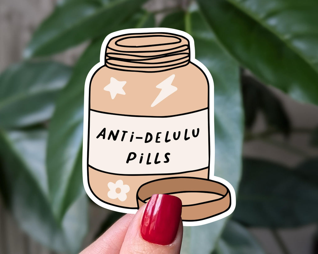 Anti-delulu pills sticker, funny mental health humor stickers for water bottle