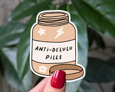 Anti-delulu pills sticker, funny mental health humor stickers for water bottle