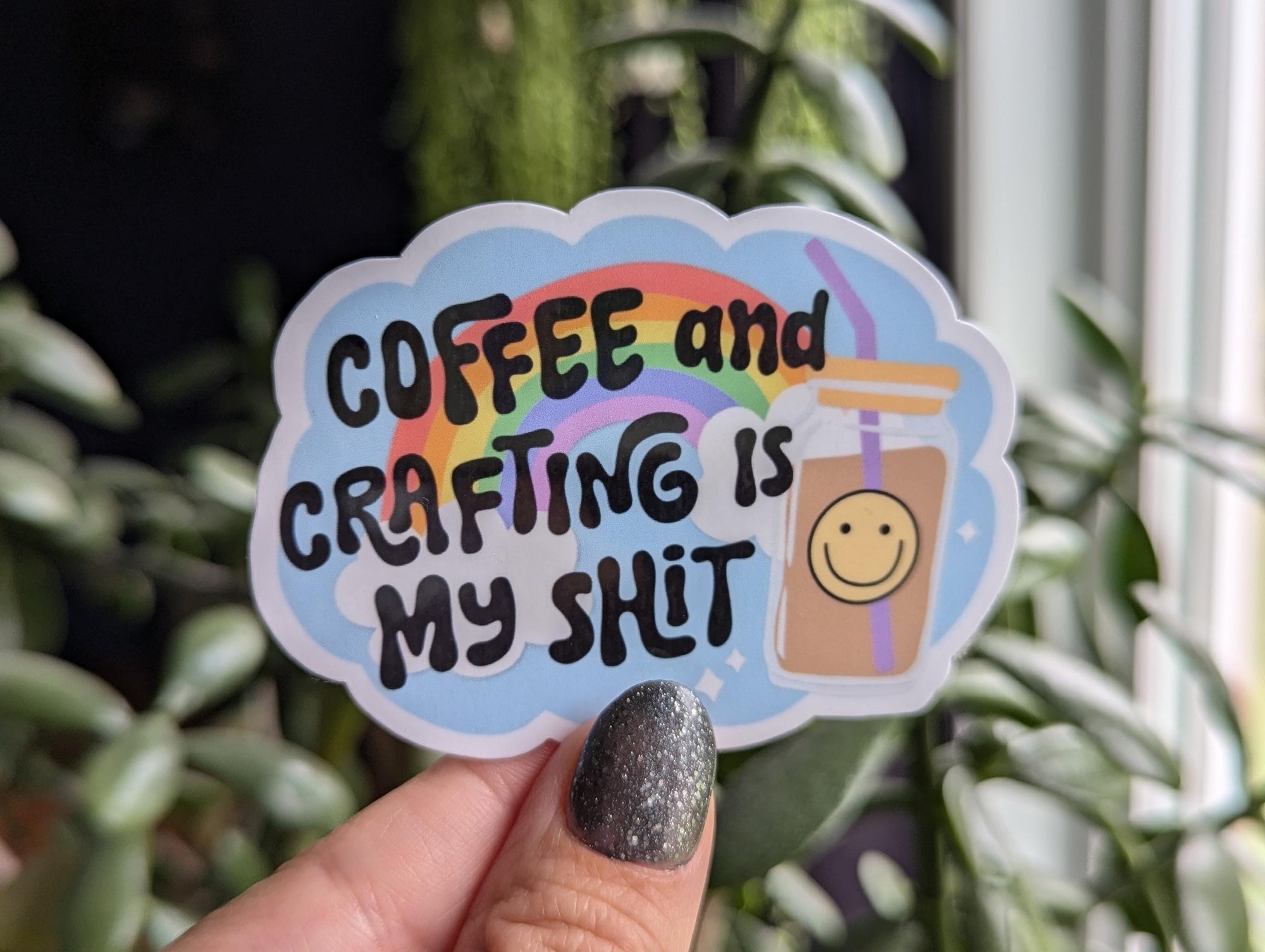 Coffee and crafts, coffee lover gift for crafter, coffee addict, small business owner sticker for tumbler, ice coffee sticker, bookish merch