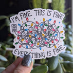 I'm fine this is fine everything is fine, funny stickers for Christmas, Christmas lights stickers, mental health stickers for journal