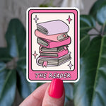 The Reader Sticker, Bookish Tarot Sticker, Cute Pink Book Stack Vinyl Sticker for Book Lovers, Book Gift for Bookworm