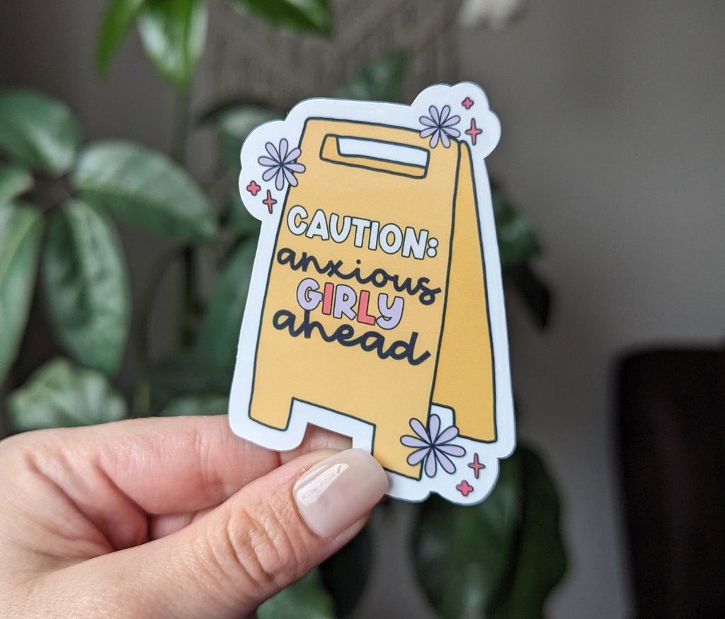 Anxious girly stickers for water bottle, caution stickers for hydroflask funny, anxiety sticker for her, girl stickers for kindle, cute gift