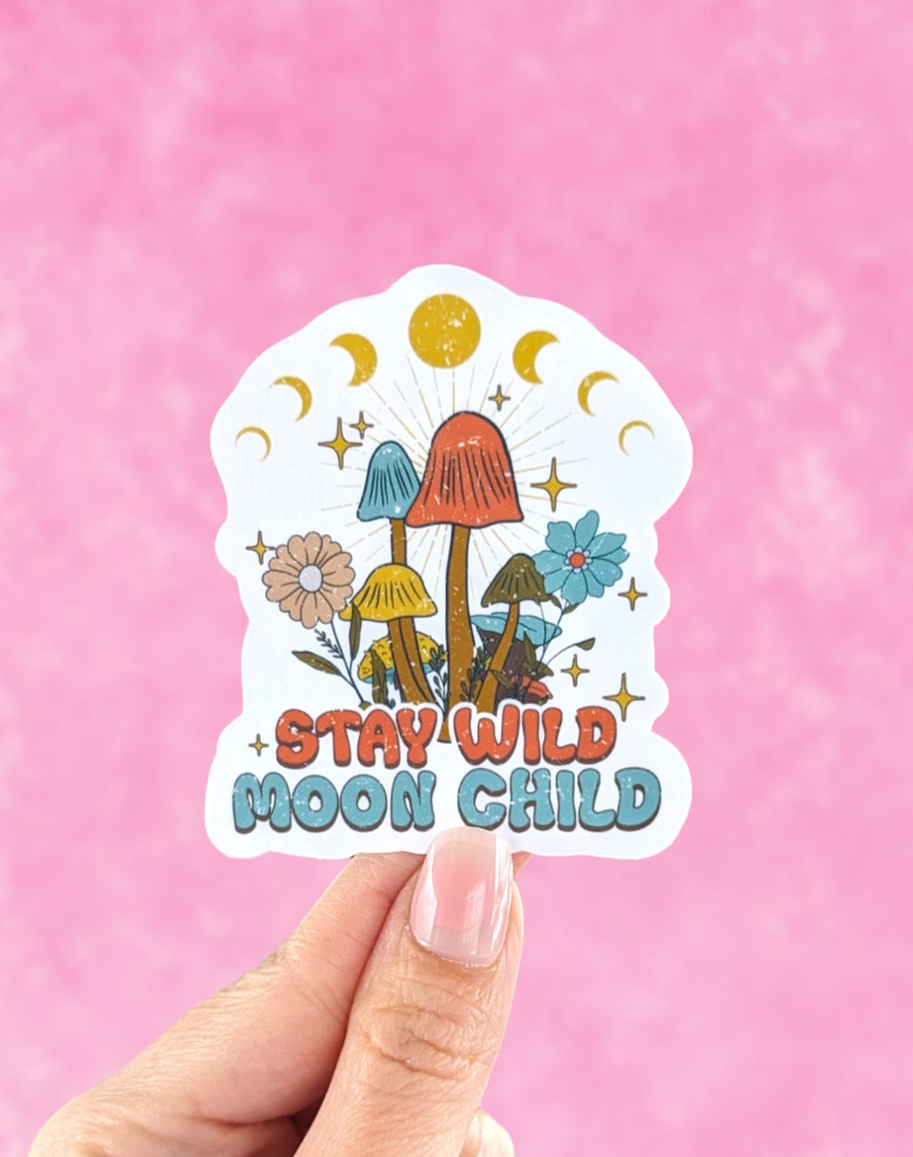 Stay wild moon child sticker, mushroom water bottle stickers, hippie stickers, free spirit quotes, gift for witchy friend, celestial sticker