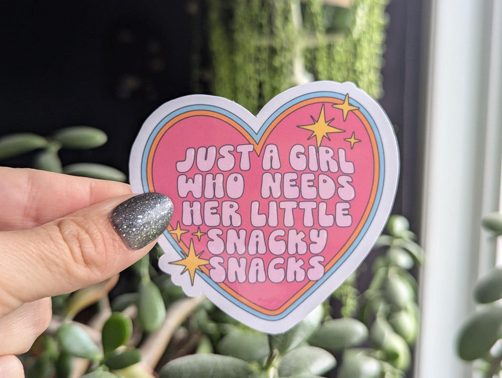 Just a girl who needs her little snacky snacks sticker, foodie gift, funny gift for friend, heart sticker aesthetic, cute sticker for girls