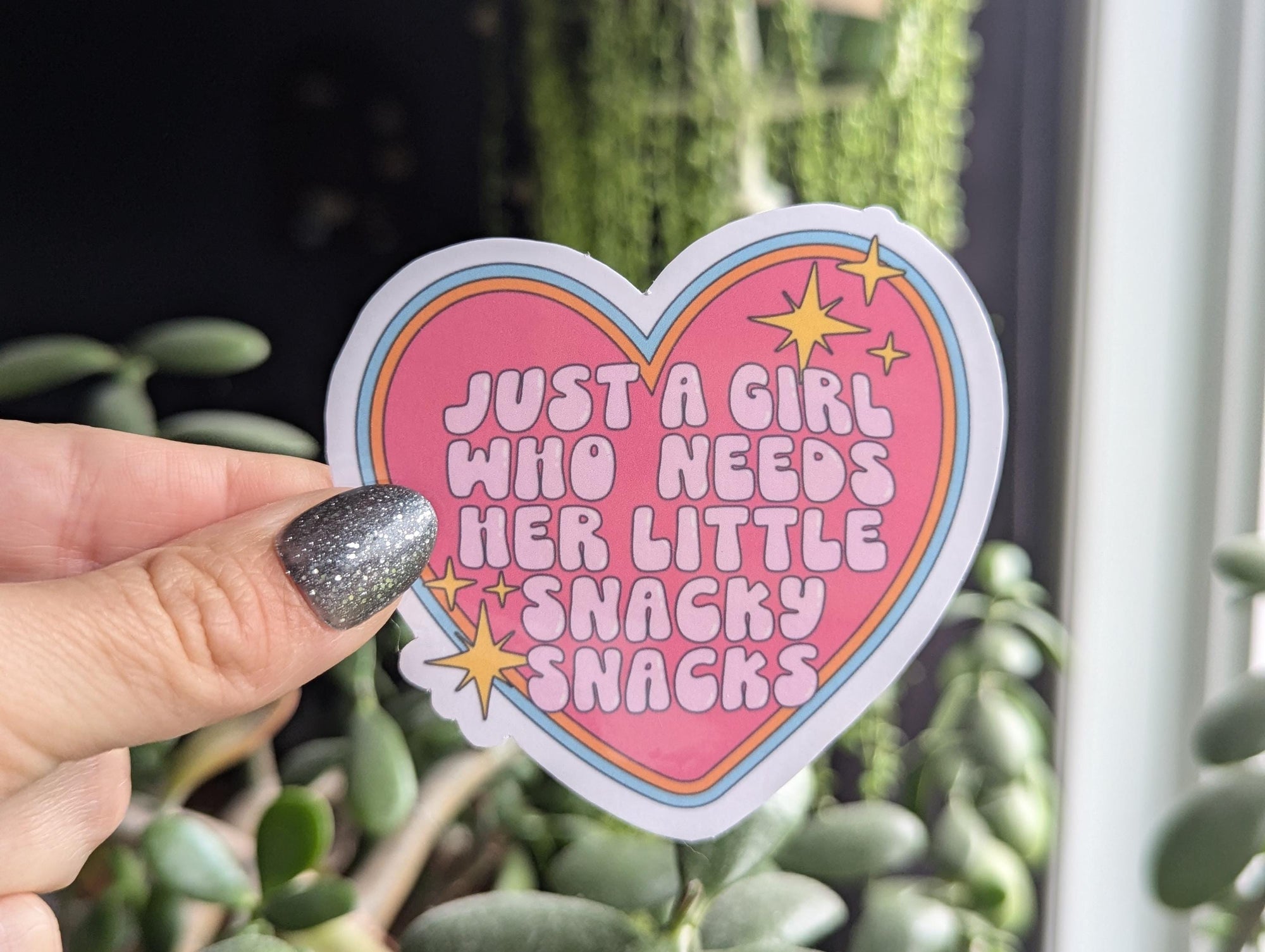 Just a girl who needs her little snacky snacks sticker, foodie gift, funny gift for friend, heart sticker aesthetic, cute sticker for girls