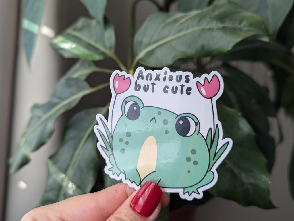 Anxious but cute frog sticker for kindle, anxious girly, mental health stickers for hydroflask funny, funny gift for sister, trendy stickers