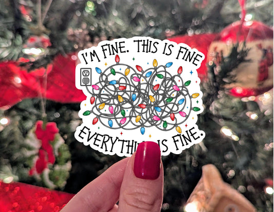 I'm fine this is fine everything is fine, funny stickers for Christmas, Christmas lights stickers, mental health stickers for journal