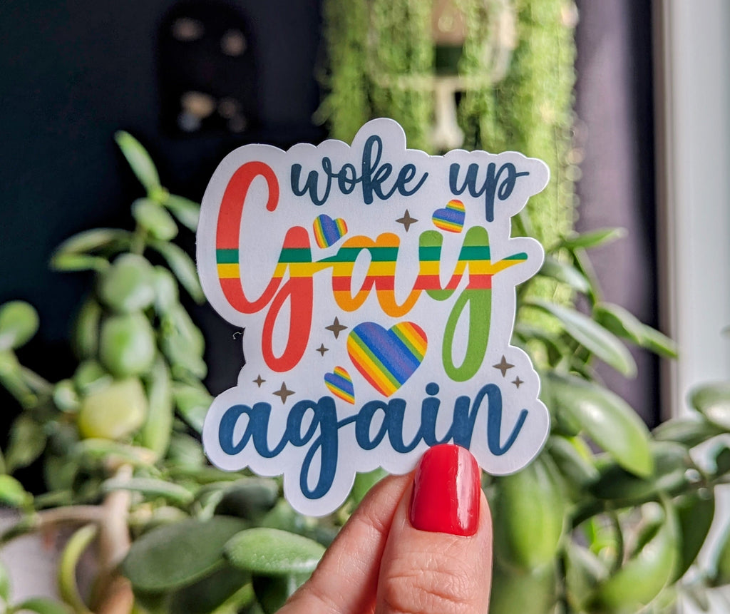Woke up gay again, gay pride stickers for water bottles funny, lgbtq merch, pride month stickers for laptop, pride gifts for gay best friend