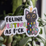Feeling festive, funny Christmas stickers for laptop, stocking stuffers for teens, black cat sticker, holiday sticker, small gift ideas for