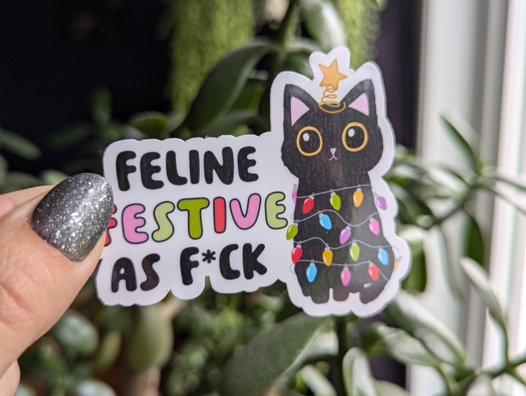 Feeling festive, funny Christmas stickers for laptop, stocking stuffers for teens, black cat sticker, holiday sticker, small gift ideas for