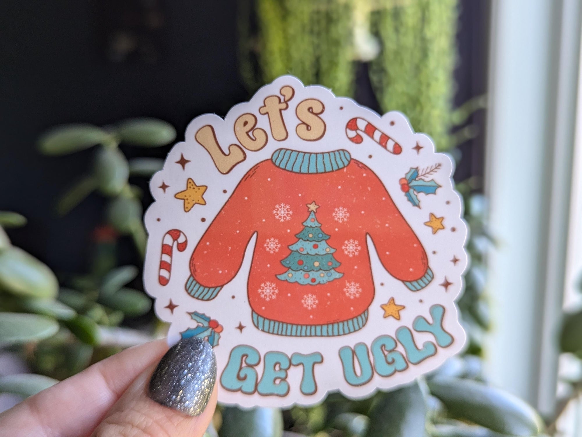 Let's get ugly Christmas sweater sticker, funny Christmas stickers for water bottle, holiday stickers for journal, Christmas party ideas