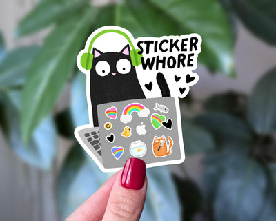 Funny Cat Sticker, Sticker Whore Laptop Decal, Snarky Black Cat Sticker, Funny Laptop Sticker for Water Bottle, Sticker Collector Gift