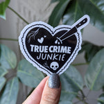 True crime junkie sticker for kindle, book gift for book lovers, black heart stickers for water bottle, bookish merch, smut reader gifts for