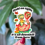 Hold on tight it's all downhill from here sticker, dark humor vintage style vinyl sticker for water bottle, funny nostalgic sticker