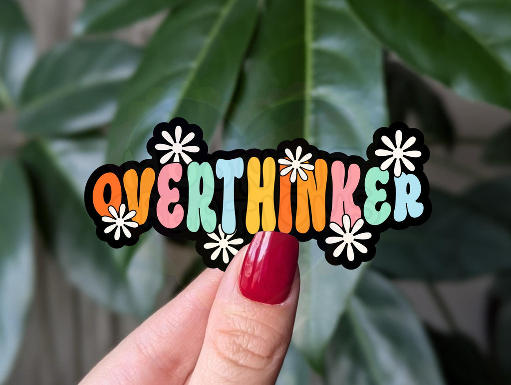Overthinker sticker, cute retro stickers with floral design, fun vinyl sticker for planners, mental health merch, water bottle sticker
