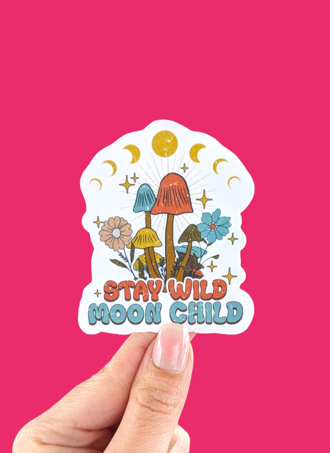 Stay wild moon child sticker, mushroom water bottle stickers, hippie stickers, free spirit quotes, gift for witchy friend, celestial sticker