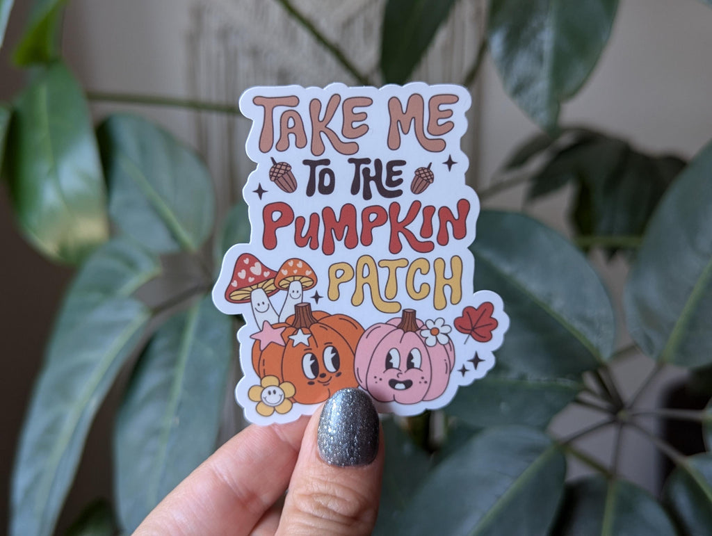 Take me to the pumpkin patch, autumn gifts for fall lovers, pumpkin patch sticker for laptop, Halloween sticker for water bottle, fall vibes