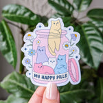 Happy pills sticker, funny cat stickers for water bottle, animal lover gift for sister, crazy cat lady gifts for best friend, kitten sticker