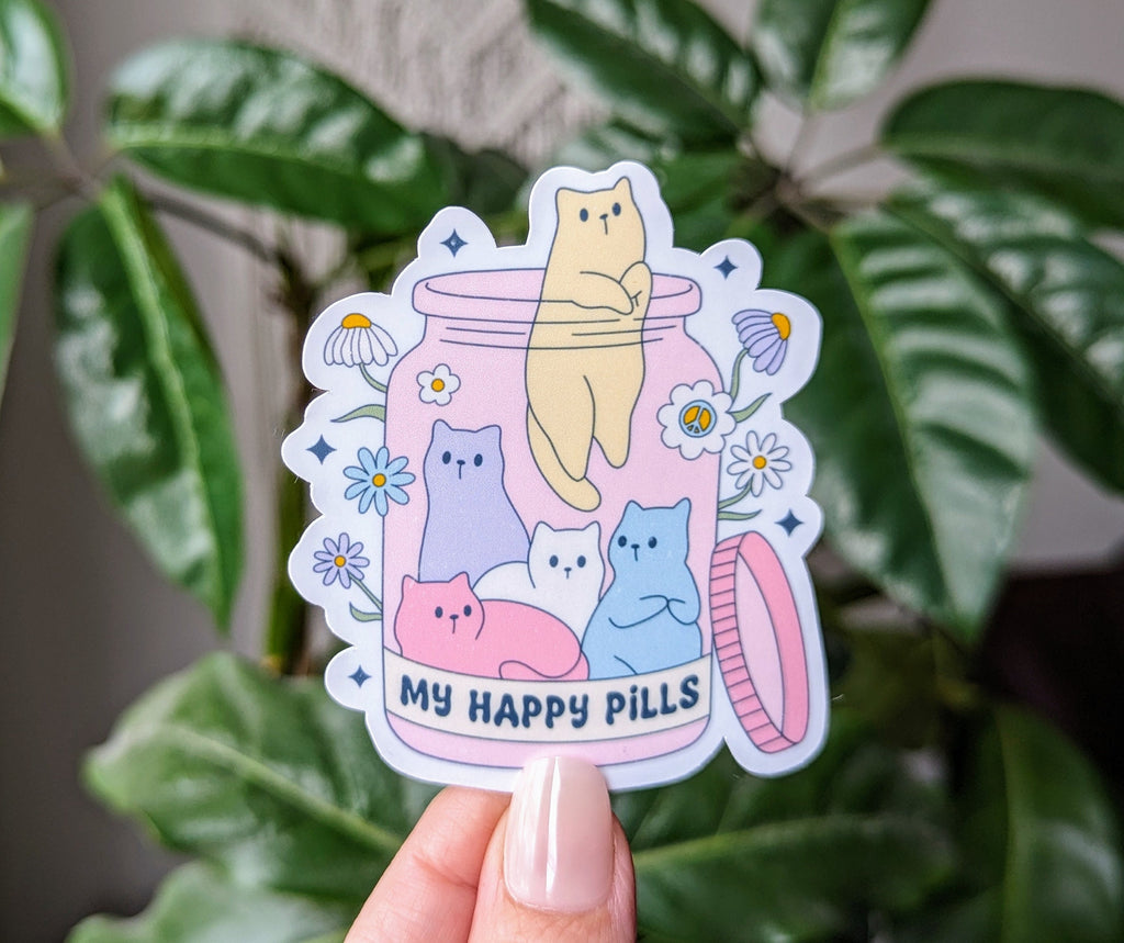 Happy pills sticker, funny cat stickers for water bottle, animal lover gift for sister, crazy cat lady gifts for best friend, kitten sticker