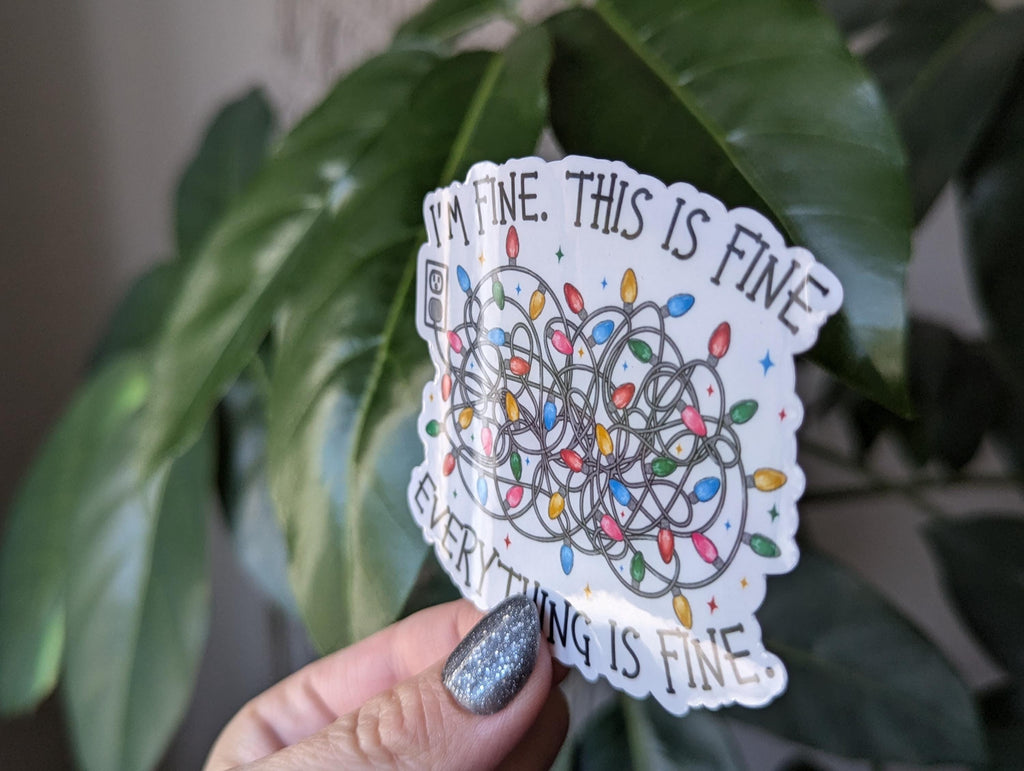 I'm fine this is fine everything is fine, funny stickers for Christmas, Christmas lights stickers, mental health stickers for journal