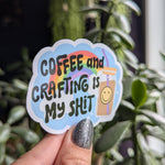 Coffee and crafts, coffee lover gift for crafter, coffee addict, small business owner sticker for tumbler, ice coffee sticker, bookish merch