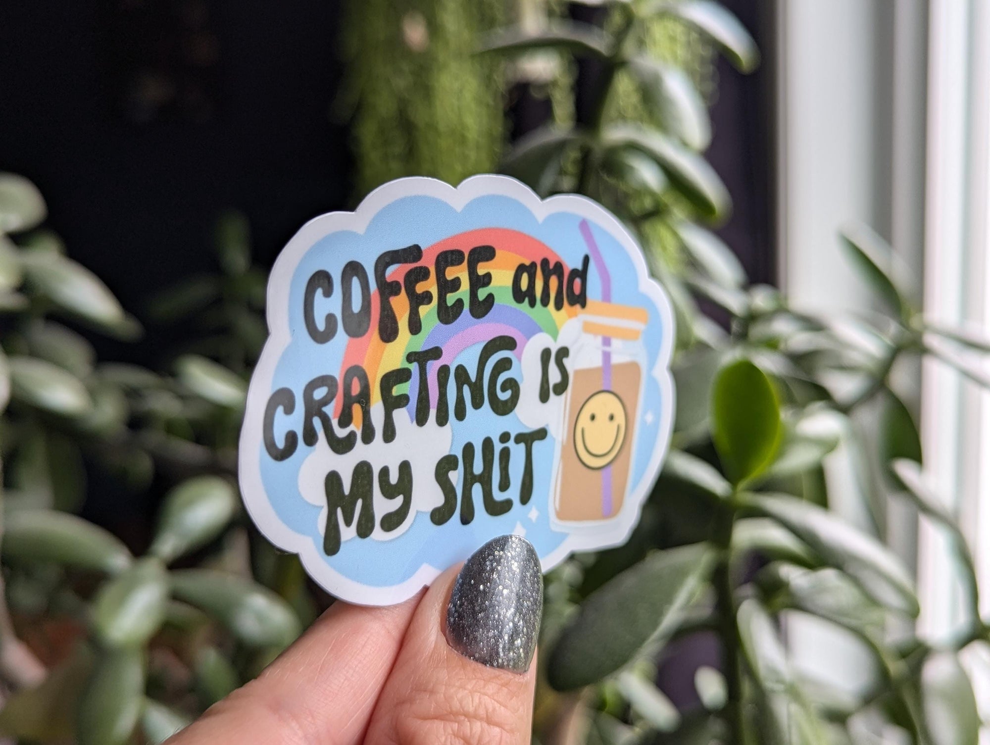 Coffee and crafts, coffee lover gift for crafter, coffee addict, small business owner sticker for tumbler, ice coffee sticker, bookish merch