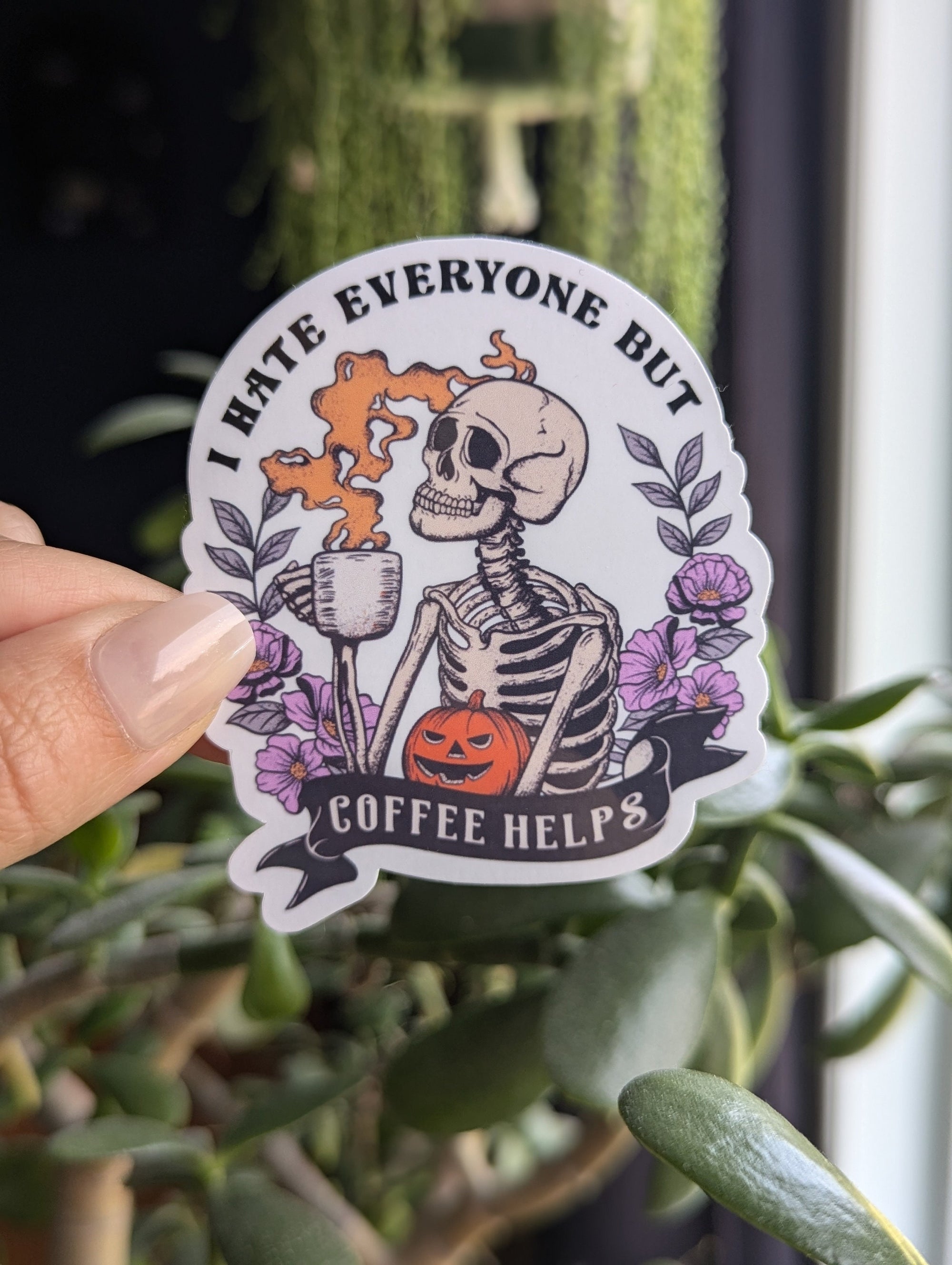 I hate everyone but coffee helps, funny coffee stickers for tumblers, snarky stickers for kindle, sassy gifts for Halloween lover, skeleton