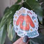 Let's get ugly Christmas sweater sticker, funny Christmas stickers for water bottle, holiday stickers for journal, Christmas party ideas