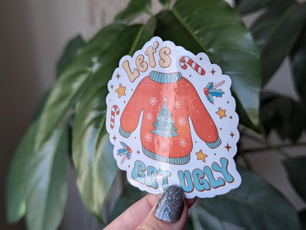 Let's get ugly Christmas sweater sticker, funny Christmas stickers for water bottle, holiday stickers for journal, Christmas party ideas
