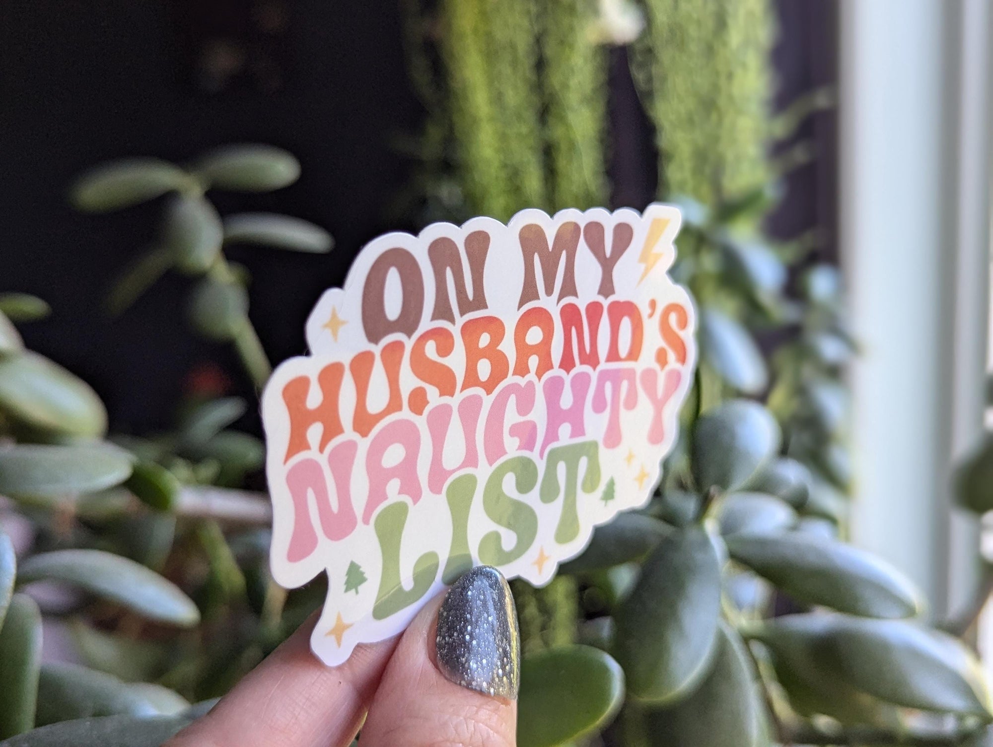 On my husbands naughty list sticker, funny Christmas gift for women, adult stickers, small gift from husband, Santa list, holiday stickers
