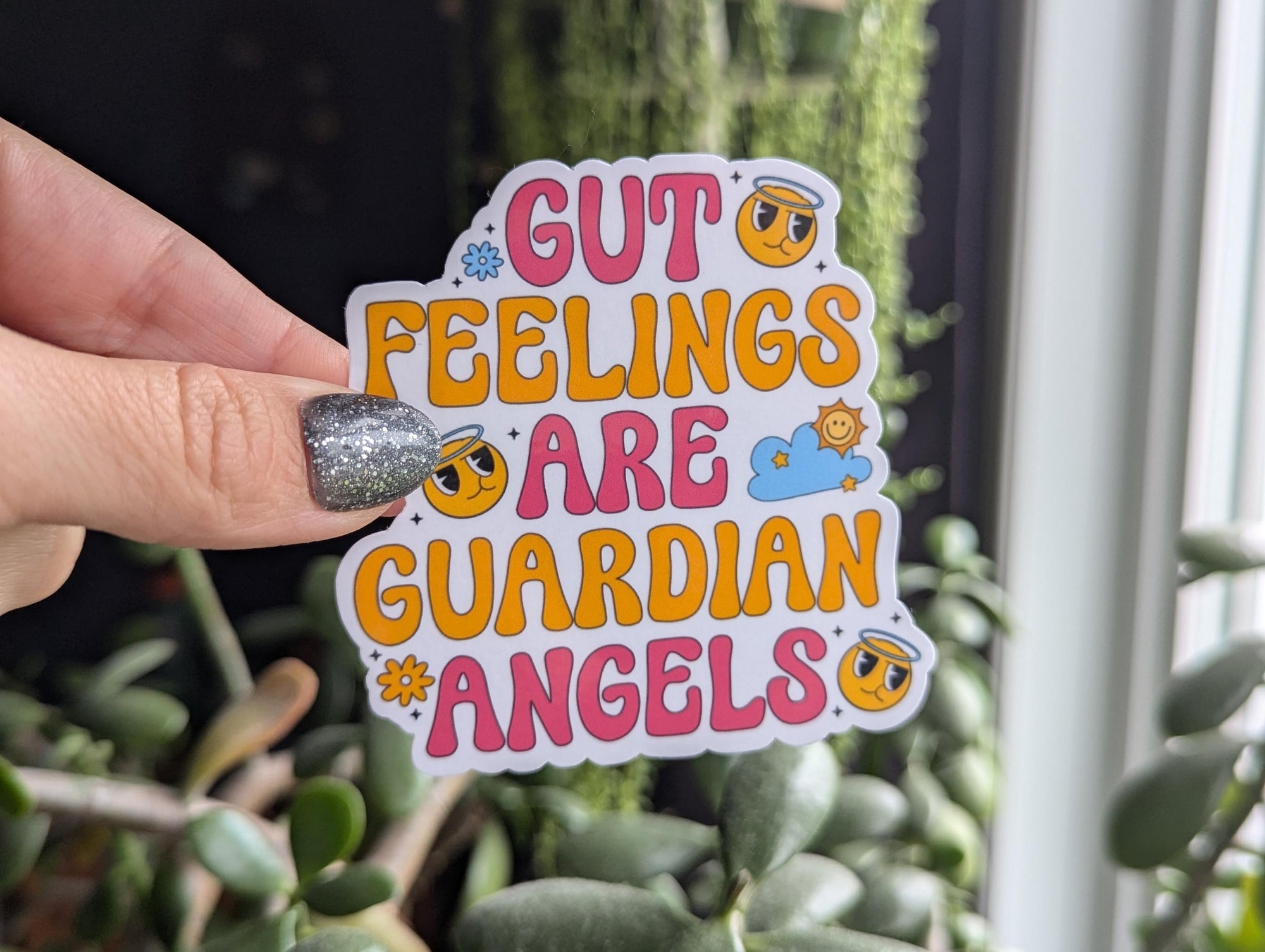Gut feelings are guardian angels sticker, retro stickers for water bottle, aesthetic stickers for kindle, positive affirmation stickers for