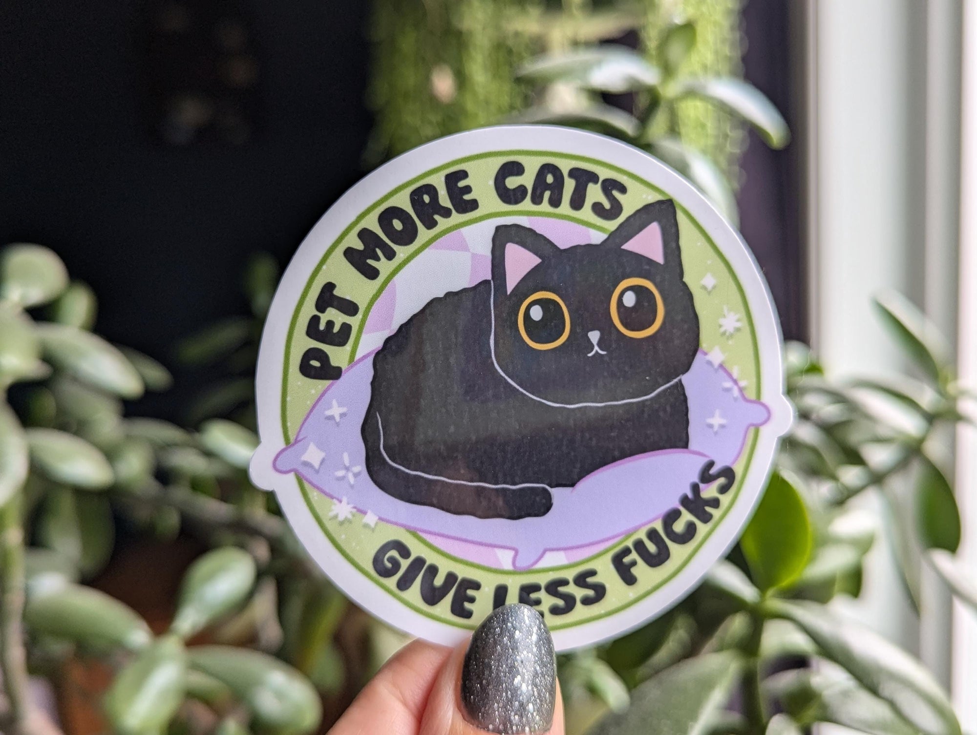 Pet more cats give less fucks, funny cat stickers for water bottle, cat mom gifts, snarky stickers for kindle, black cat sticker, small gift