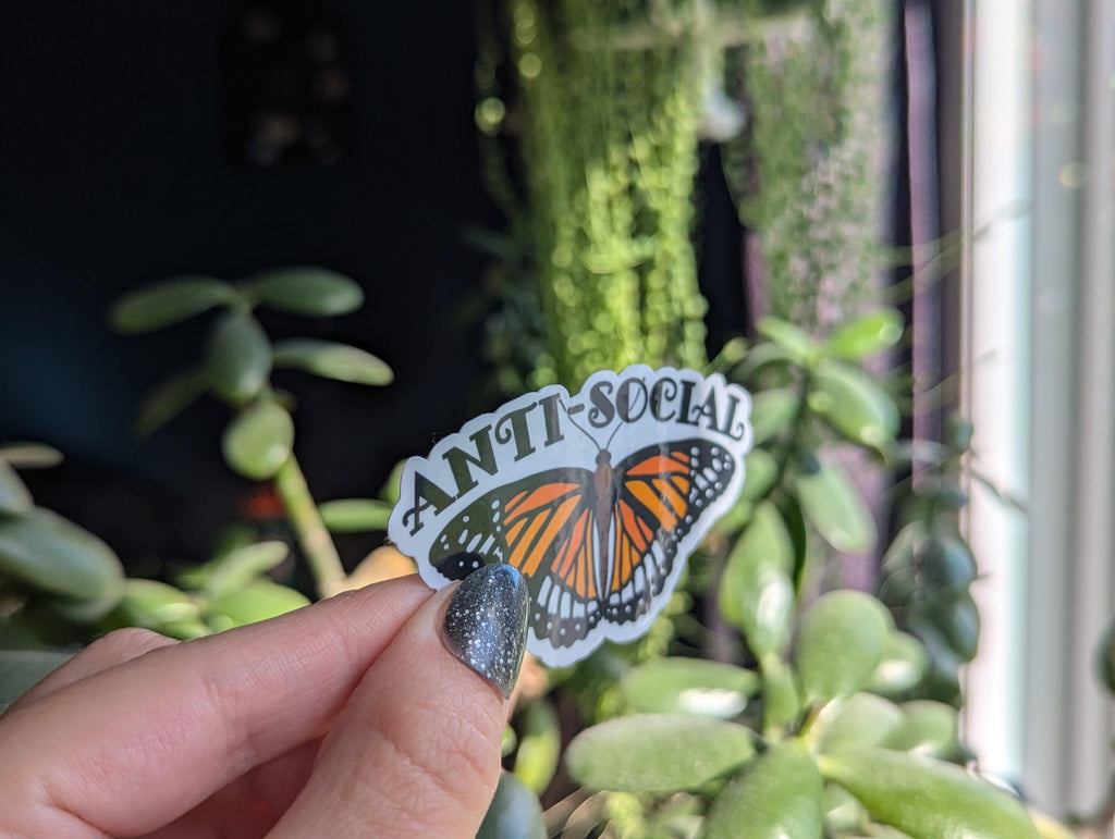 Anti social butterfly sticker, introvert stickers for journal, homebody stickers for kindle, mental health stickers for hydroflask funny