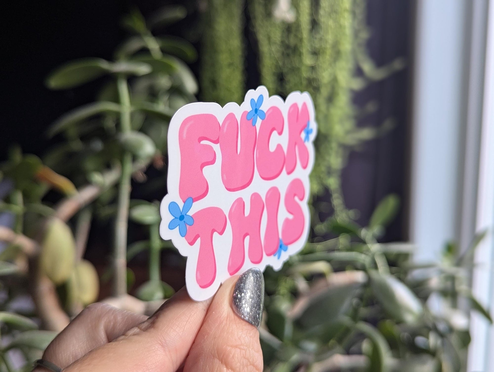 Fuck this, sarcasm stickers for water bottle, funny sticker for laptop, pink aesthetic stickers for journal, snarky gifts for her, flower
