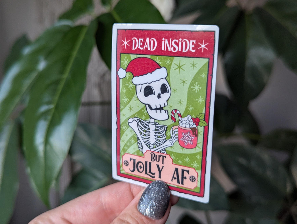 Dead inside but jolly AF sticker, skull tarot card, dark humor stickers for laptop, mental health stickers, trendy Christmas, holiday gift