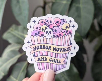 Horror movies and chill, popcorn stickers for kindle, ghost sticker for water bottle, skeleton gifts for Halloween, true crime gifts for her
