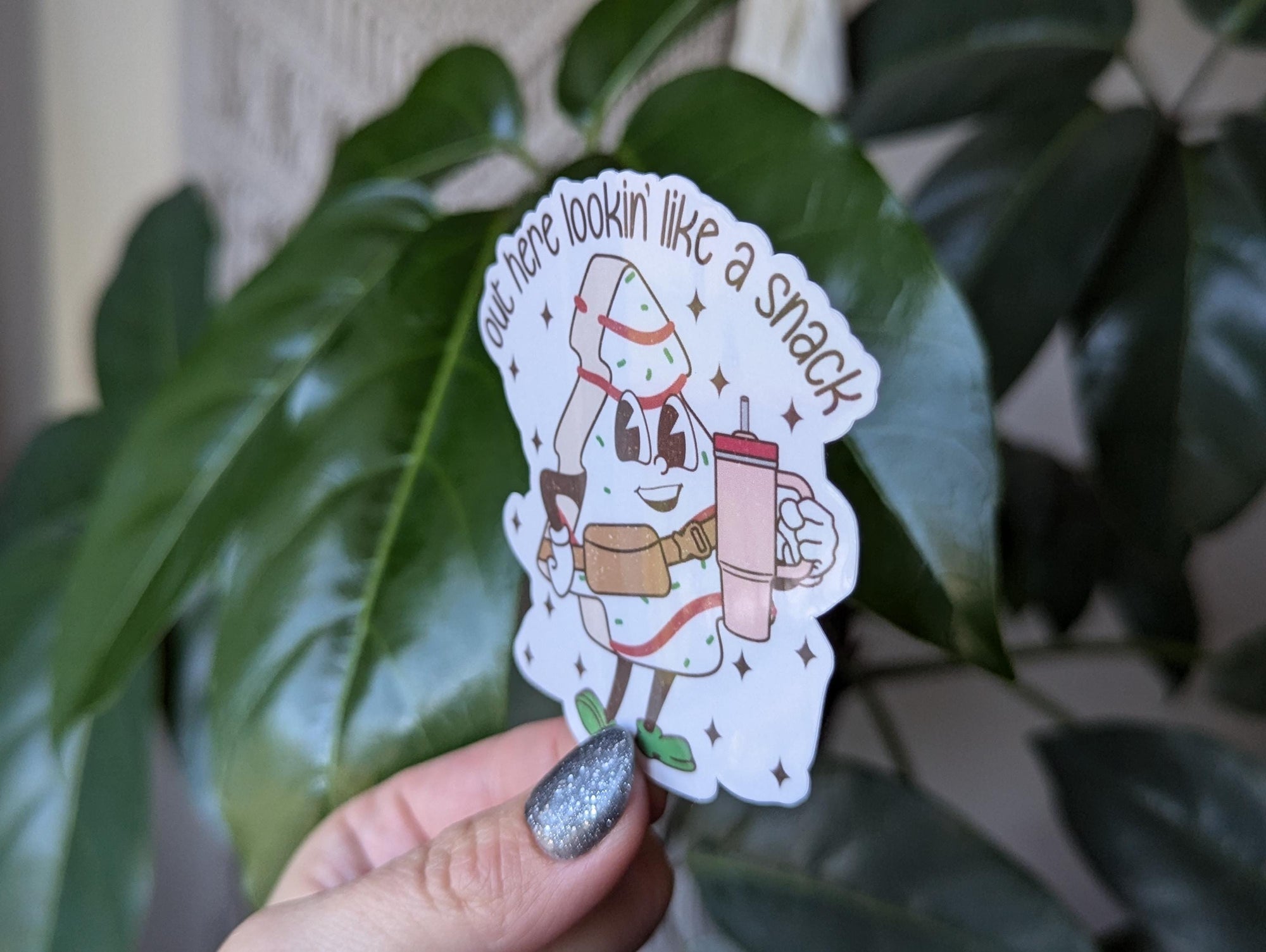 Out here lookin like a snack sticker, Christmas tree cake, funny Christmas stickers for tumblers, holiday stickers for laptop, cute gift for