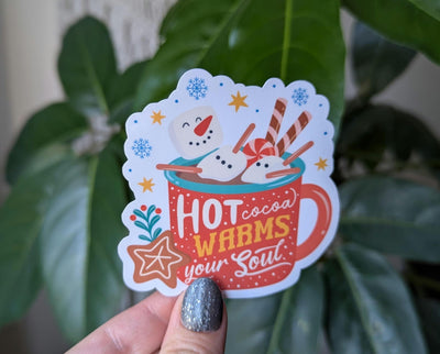 Hot cocoa warms your soul sticker, cute Christmas stickers, snowman stickers for water bottle, holiday stickers, gift for Christmas lovers