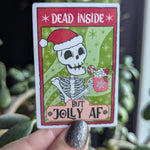 Dead inside but jolly AF sticker, skull tarot card, dark humor stickers for laptop, mental health stickers, trendy Christmas, holiday gift