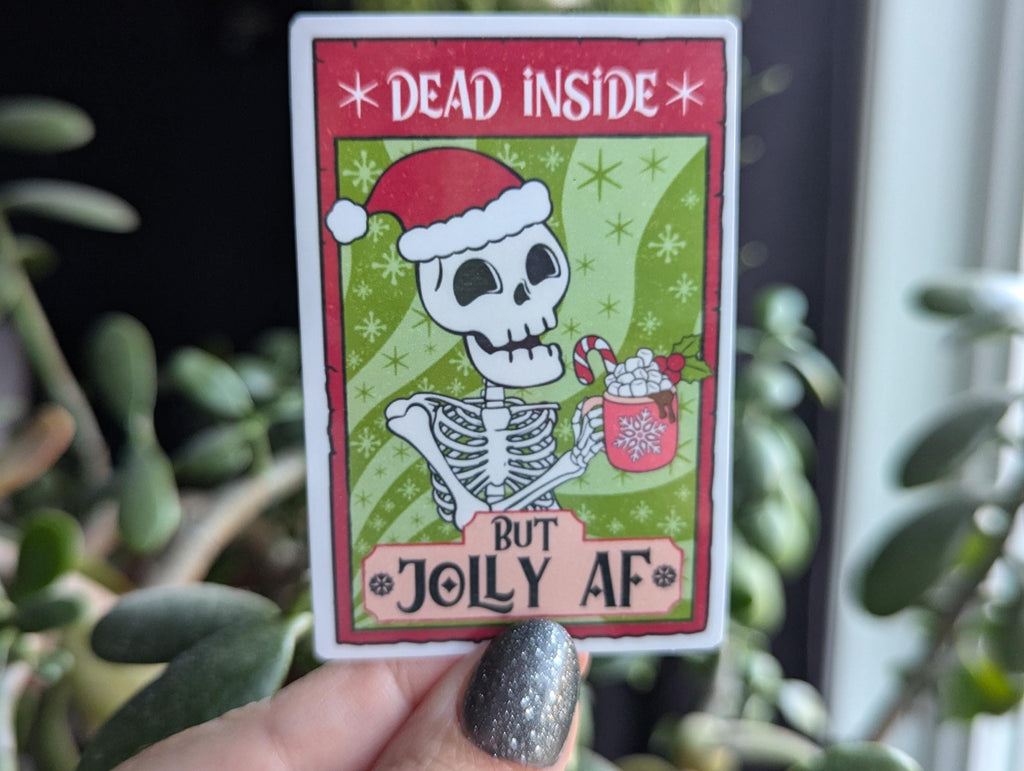 Dead inside but jolly AF sticker, skull tarot card, dark humor stickers for laptop, mental health stickers, trendy Christmas, holiday gift