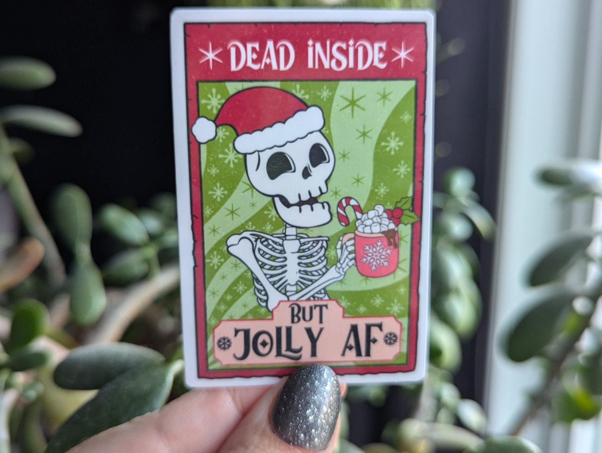 Dead inside but jolly AF sticker, skull tarot card, dark humor stickers for laptop, mental health stickers, trendy Christmas, holiday gift