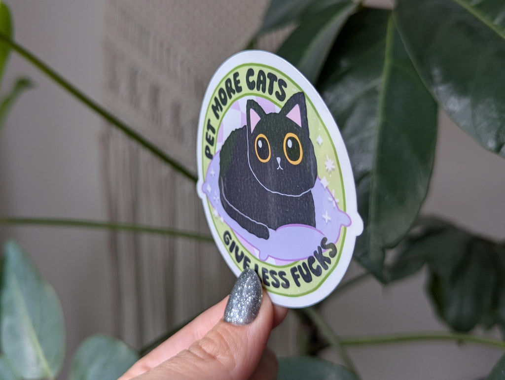 Pet more cats give less fucks, funny cat stickers for water bottle, cat mom gifts, snarky stickers for kindle, black cat sticker, small gift